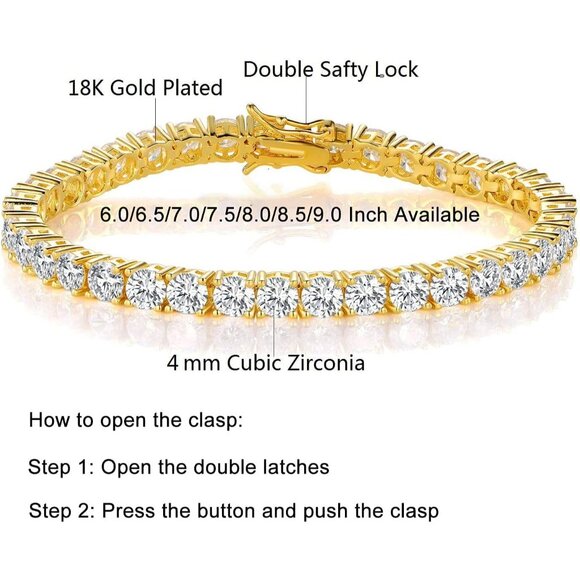 Gold Tennis Bracelet for Men and Women 18K Yellow Gold Plated Cubic Zirconia 6-9 - Picture 2 of 7